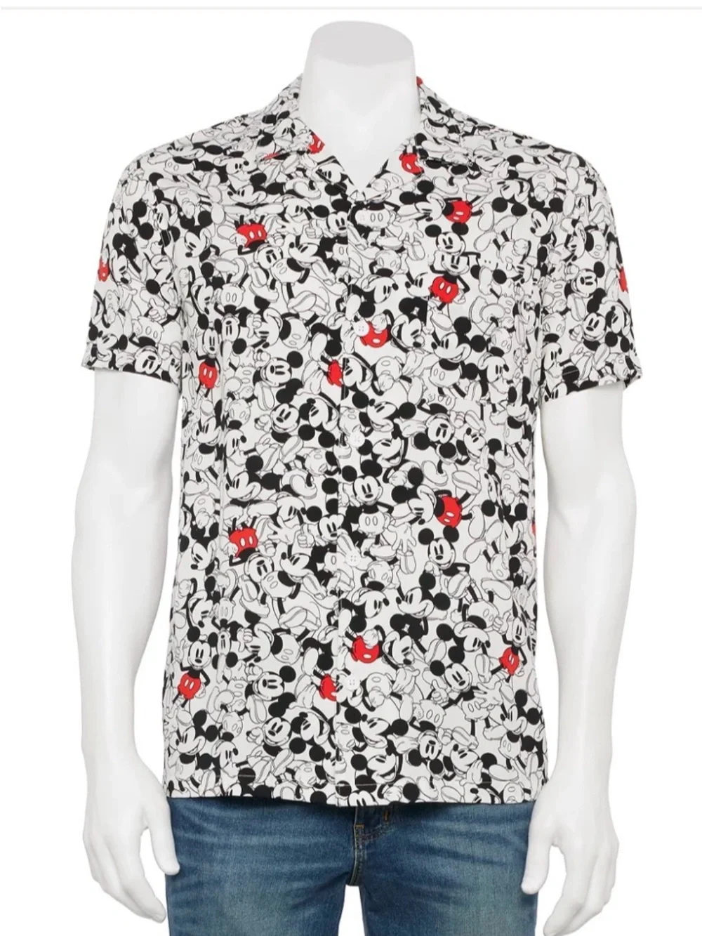 Disney Black and White Mickey Mouse Print Button-Down Shirt with Red Accents
